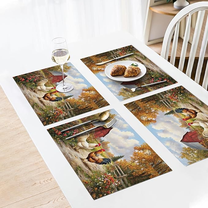 Farmhouse Rooster Placemats Set of 6, Farm Chicken Place Mats, Rustic Farm Coop Waterproof Washable Table Mats for Home Party Indoor Kitchen Dining Table Decoration 12x18 Inch