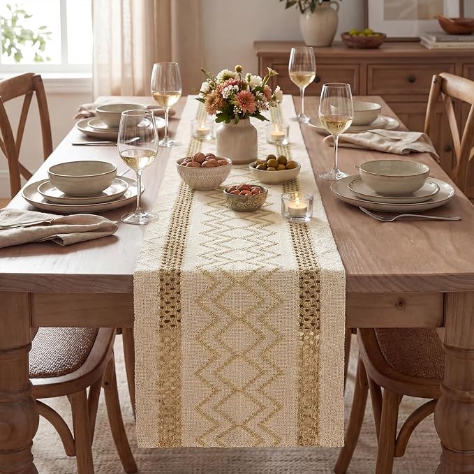 Artoid Mode Burlap Brown Stripe Diamond Woven Table Runner 12x120 Inch | - Image 2