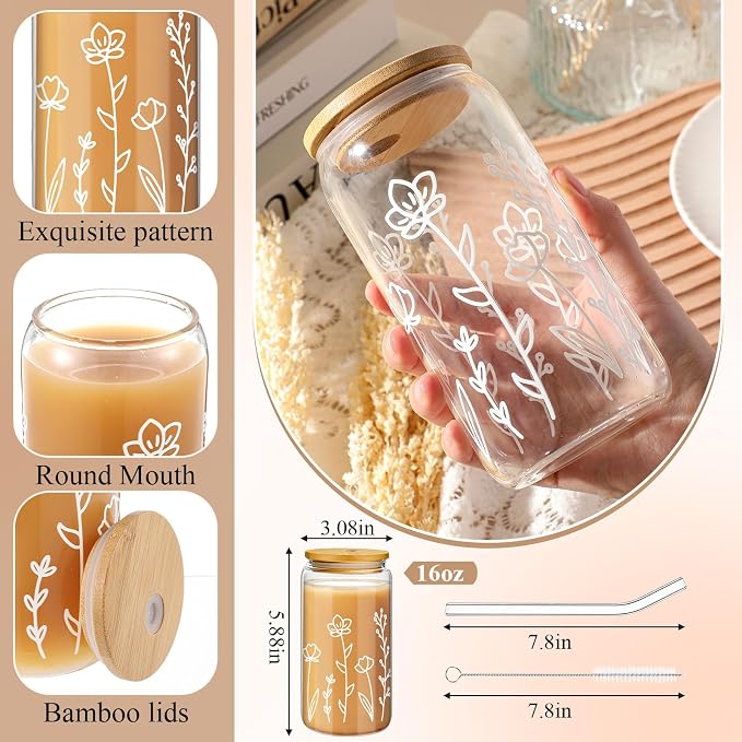 Mumufy 1 Pack Glass Cups Gift Aesthetic Cute Glass Cup Tumbler Flower Iced - Image 2