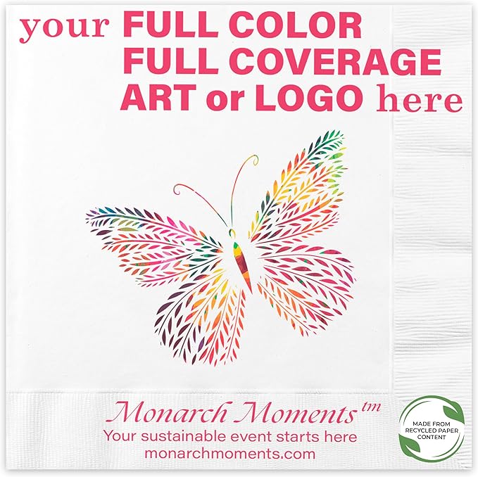 Custom Dinner Napkins - Personalized Recycled Paper Content Napkins - Eco-friendly & Full-Color Digital Printed - Events & Celebrations - Pack of 50 - Coin Edge Embossed Full Coverage, 8"x 8"