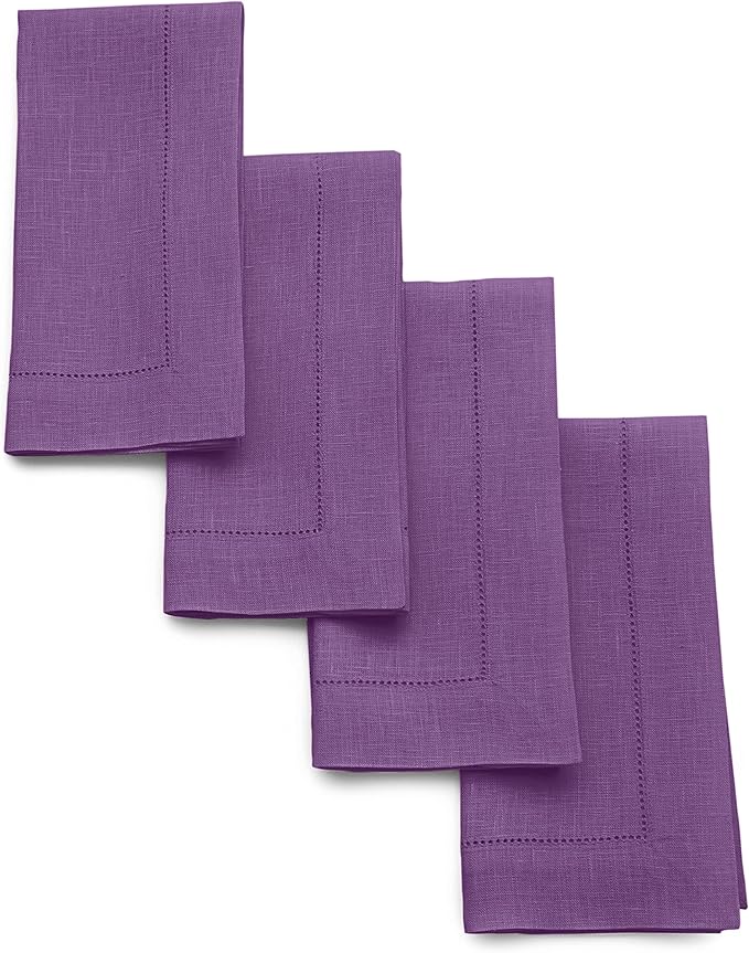 Solino Home Purple Linen Napkins Set of 4-100% Pure Linen Hemstitch Dinner Napkins 20 x 20 Inch for Winter, Valentines, Spring, Easter - Classic Hemstitch