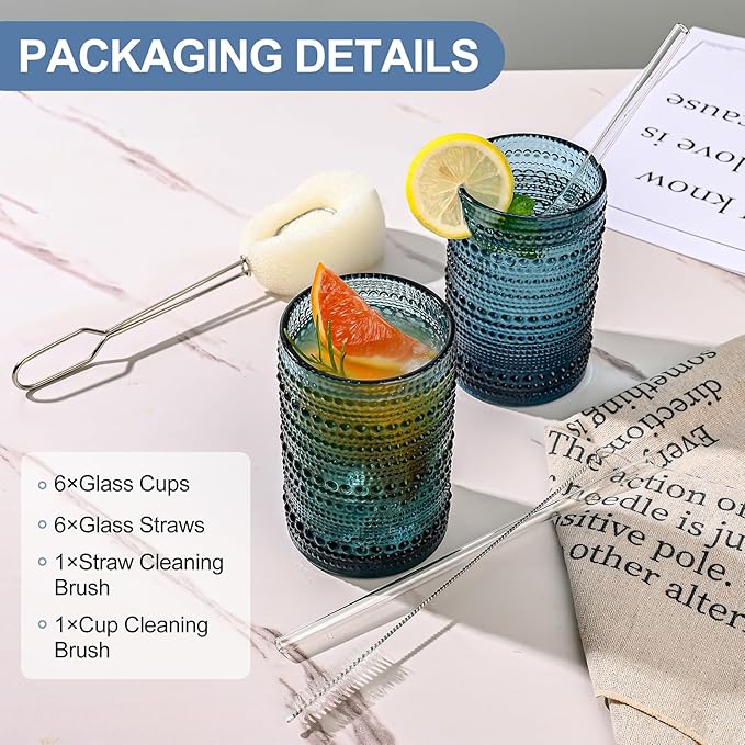 Vintage Glassware Drinking Glasses Set of 6,15 oz Hobnail Glass Cups,Embossed Blue Water Tumbler,for Beer,Cocktail,Whiskey,Juice and Various Mixed Drinks- 1 Cleaning Brush