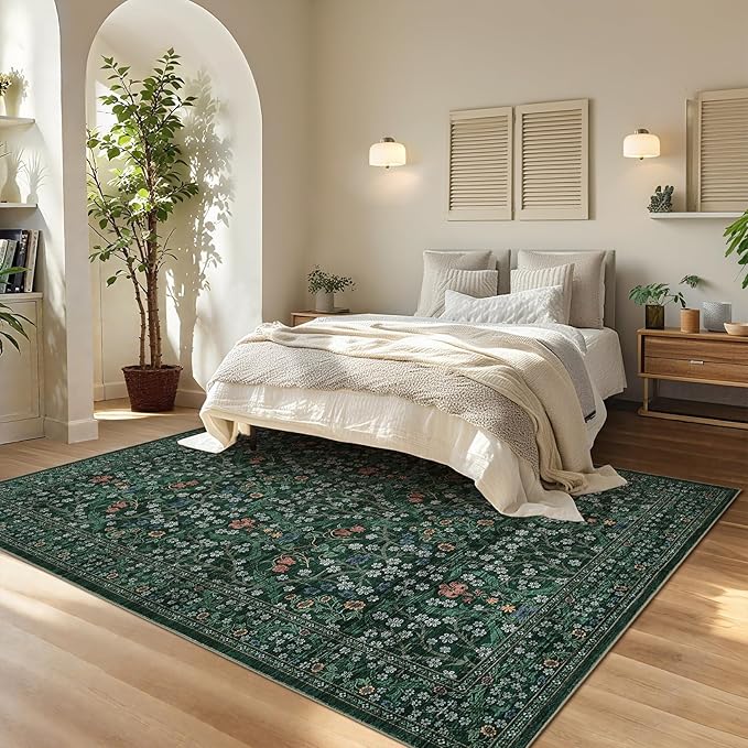 GarveeHome Washable Rug for Living Room, 8x10 Large Area Rug for Dining Room Under Table, Bedroom, Floral Soft Low Pile Non Slip Stain Resistant Carpet for Nursery, Playroom, Office, Dark Green
