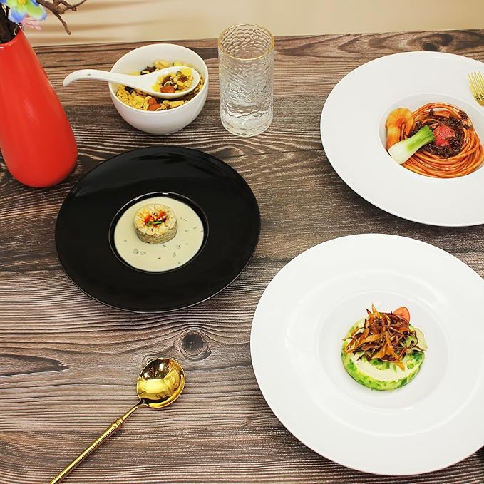 Ceramics Rimmed Soup Bowls 5.1 oz, Black 8.5 inch Exquisite small soup plate Set of 4, Pasta plates With Rim is the best choice for hotels, kitchens, fine restaurants and gourmets