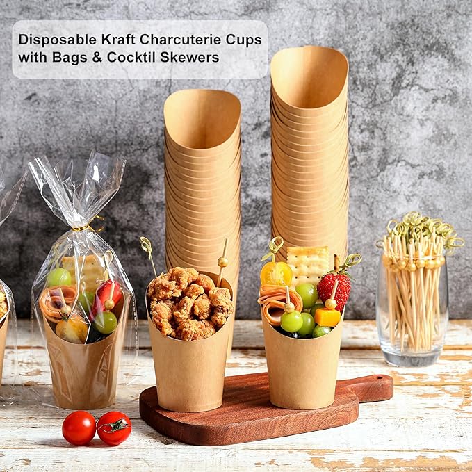 Disposable Charcuterie Cups 120 PCS with 200PCS Sticks and 120PCS Bags, 14 oz Kraft Paper Snack Boxes Appetizers Cup French Fry Holder with Cocktail Skewers Toothpicks Tooth Picks, Brown