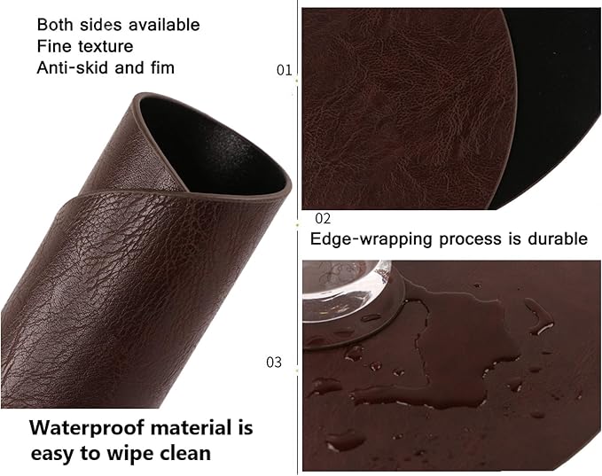 Embossed PU Leather Placemats, Waterproof Coffee Coasters, Kitchen Table Mats, Easy to Wipe Off for Dining Round Table