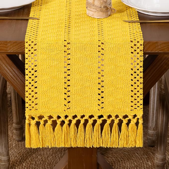 DeZerlor Yellow Boho Macrame Farmhouse Woven Table Runner 108Inch | Cotton by DeZerlor