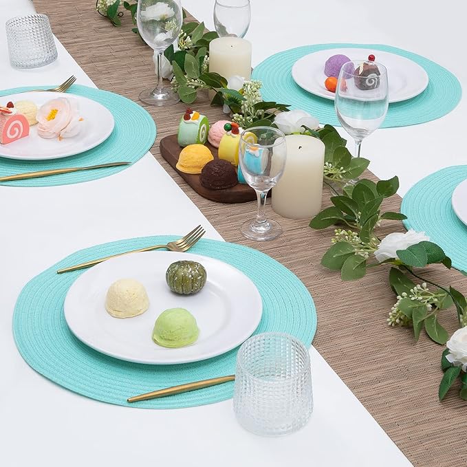 SHACOS Round Placemats Set of 6 Washable 15 inch Round Table Mats Cotton Polyester Woven Braided Place Mats for Dining Table (Aqua, 6)