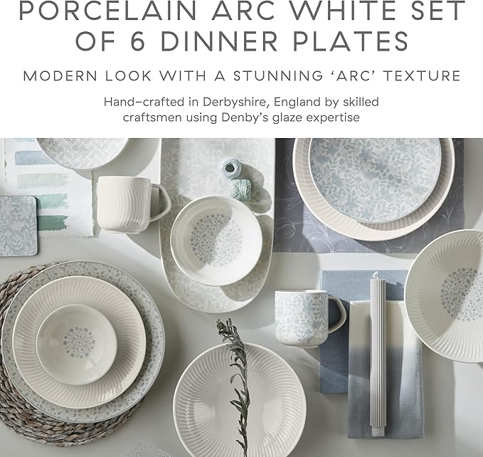 Denby - Arc White Porcelain Dinner Plates Set of 6 - Dishwasher Microwave Safe, 10.8" Large White Plates With Curve Design - Scratch Chip Resistant Tableware