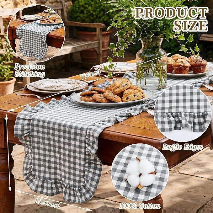 HunnmingRe 1 Pc Gingham Table Runner Light Grey, 72 X 13.8 Inch | Cotton - Image 2