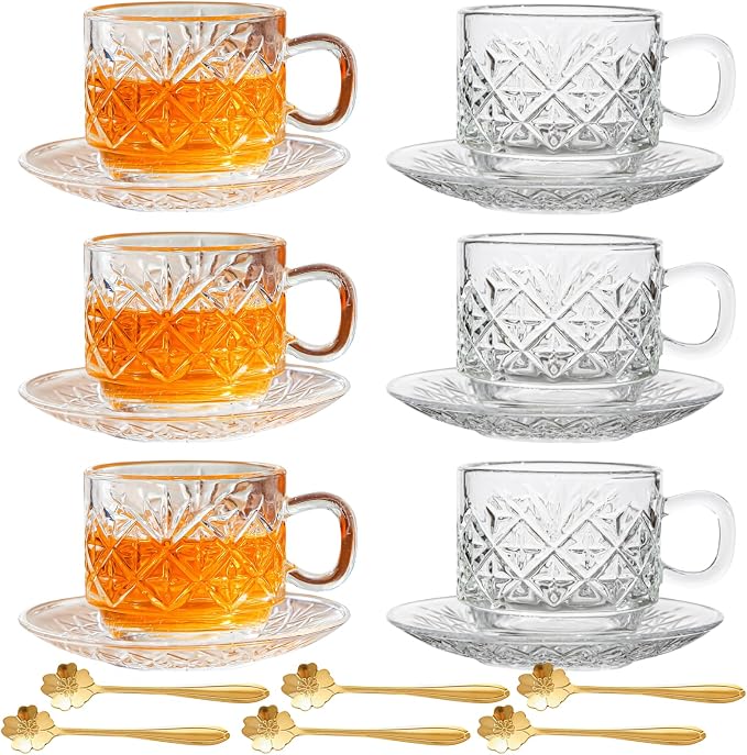 Atarvana 6 Pack Glass Tea Cups and Saucers Set by Atarvana