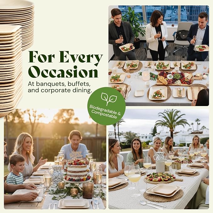 Chic Leaf Disposable Palm Leaf Plates - 50 Count, 8" Square, Christmas Meal - Bamboo Plates, Biodegradable & Compostable - Microwave Safe & Heavy Duty - Romantic Date Night Essentials Wedding Decor