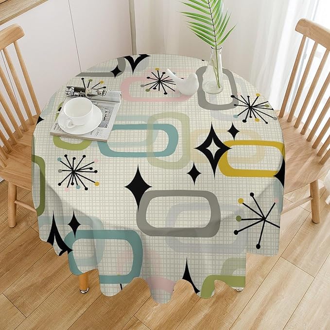 Mid Century Modern Round Tablecloth, Geometry Bohemian Retro Abstract Tablecloth for Home Party Dining Room Kitchen Decor 50Inch(127cm)