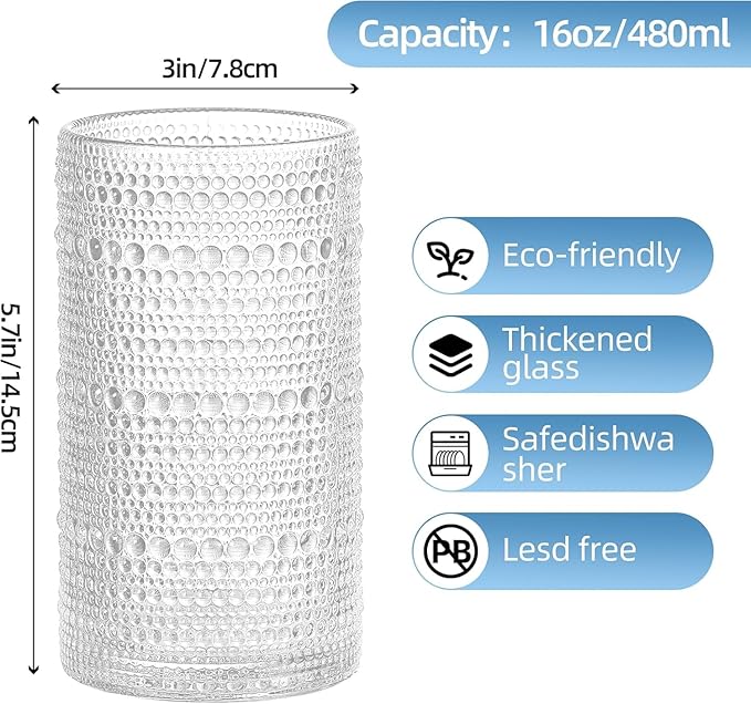 16oz Hobnail Drinking Glasses Set of 6, Vintage Large Capacity Embossed Clear Tumblers, Highball Glasses for Water, Cocktail, Beer, Whiskey, Juice & Bar Use