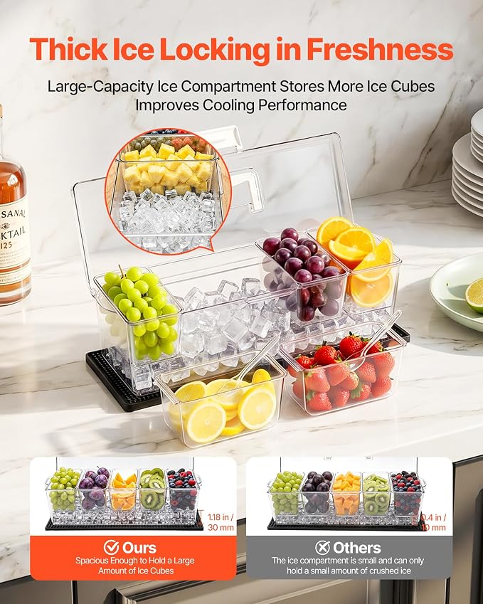 VEVOR Chilled Condiment Server Caddy, 5 Compartment Ice Cooled Serving Container - Image 2