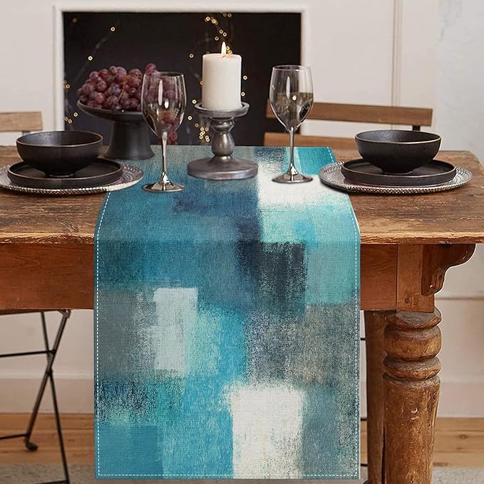 Emvency Table Runner, 13x108 Inch, Abstract Modern Farmhouse | Teal Grey Dining by Emvency