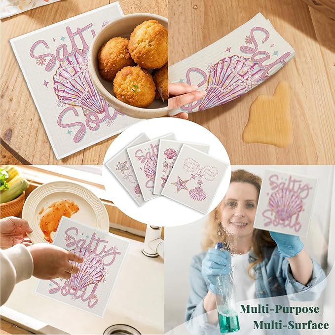 Spring Flower Swedish Dishcloths for Kitchen, Boho Purple Swedish Dish Cleaning Cloths for Floral, 4 Pack Dish Towels for Kitchen, Papaya Reusable Paper Towels Washable
