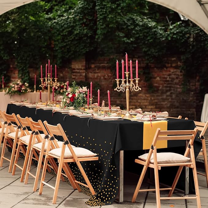 12Pack Disposable Plastic Tablecloths and Satin Table Runner Set Black and Gold - Image 6