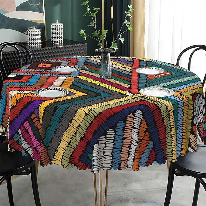 Laeacco 60 Inch Colorful Patchwork Round Tablecloth Woven Geometric Pattern Abstract Art Print Table Cloth Washable Waterproof Wrinkle Free Table Cover for Kitchen Dining Picnic Party Decoration