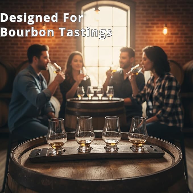Barrel Stave Premium 4 Glass Whiskey Flight Serving Tray with Glencairn Glasses, Dark Walnut
