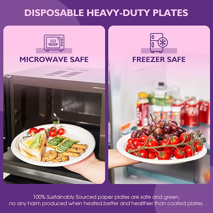Compostable Paper Plates 9 Inch 125 Pack, Biodegradable Disposable Plates Heavy Duty White Plates, Made of Natural Sugarcane Bagasse, Unbleached Round Dinner Plates