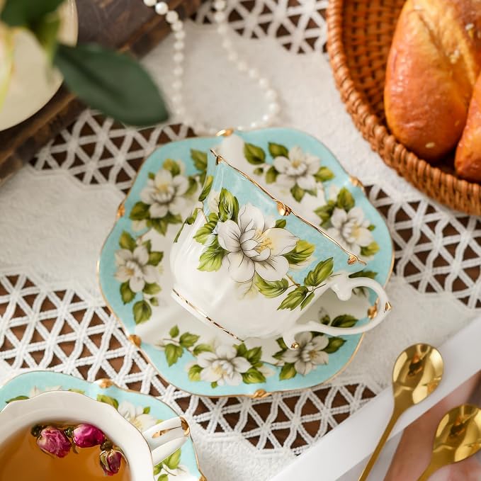 TATSUMI Country Roses Bone China Tea Cup and Saucer Set, 6 Pieces, Vintage Style - Image 6