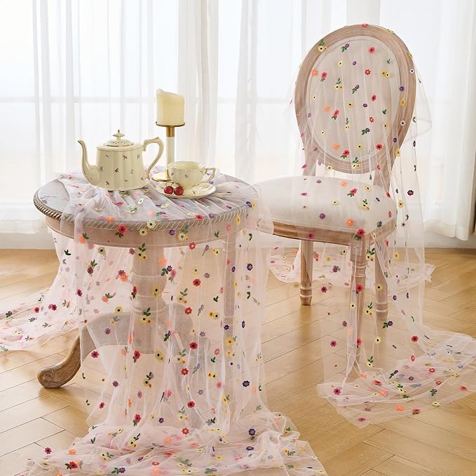 BINBE 6pcs Pink Daisy Spring Table Runner Embroidery Gauze 10FT Florals - Image 5