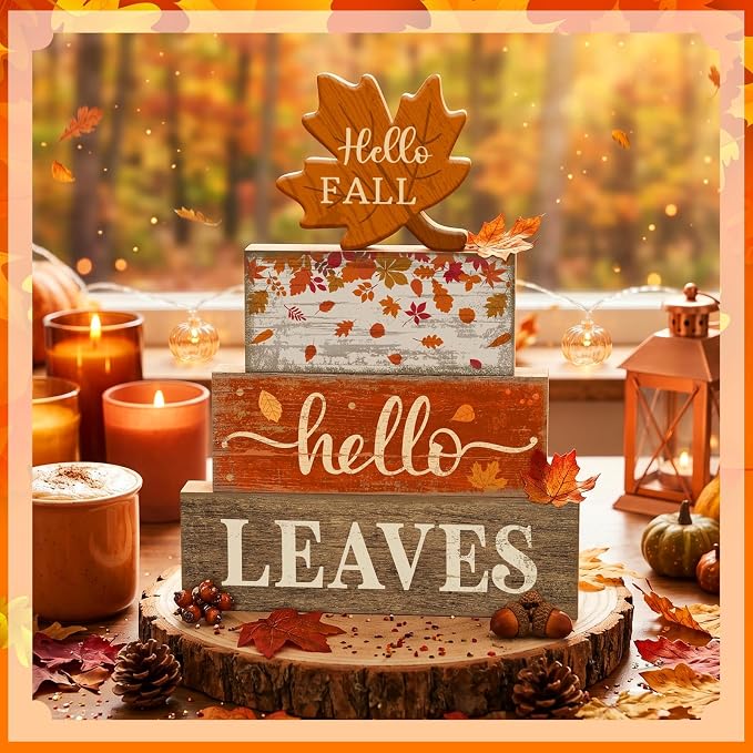 Moucuny 4 Pcs Fall Decor Wooden Maple Leaf Decoration Thanksgiving Tiered Tray - Image 3