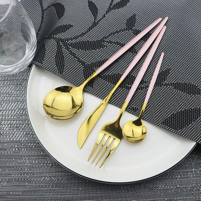 Pink Gold Silverware Set, JASHII 20-Piece Stainless Steel Satin Finish Flatware - Image 2