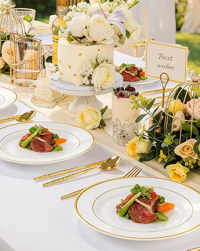 Quatish 120 Pcs Gold Rim Disposable Plastic Plates for Party,Wedding Plate Includes 60 Pes 10.25 Inch 60 Pes 7.5 Inch Heavy Duty Dinner & Dessert Plates, Perfect for Festivals,Picnics,in White