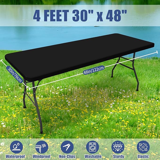 Spandex 4 Foot Rectangle Table Cloth 2 Pack, Elastic Fitted Tablecloths for Picnic, Stretch Washable Patio Table Cover for Outdoor, Camping, Banquet and Parties (Black, 30"x48")