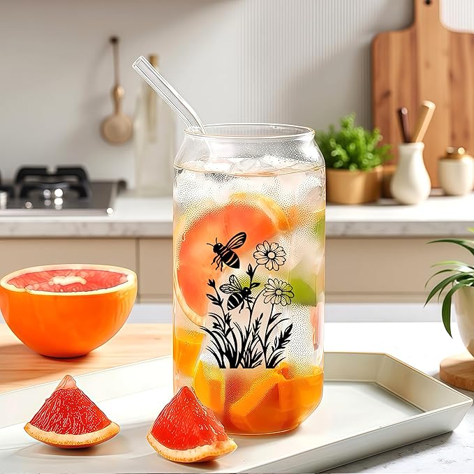 Cute Bee Glass Cup With Lids And Straws, Bee Gift For Women, Iced, Coffee, Smoothie, Cocktail, Beer, Whiskey, Soda, Matcha,16 Oz, Home Office Table Desk Decoration!