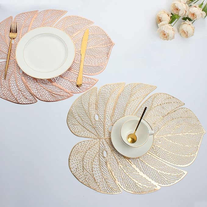 Evevda Gold Leaf Shaped Vinyl Placemats for Dinner Table Set of 6 Metallic Plastic Gold Place Mats Wipeable 6Pcs Table Mats for Wedding Annersary Dinner Table Decoration Mats(17.7x13.8inch/45x35cm)