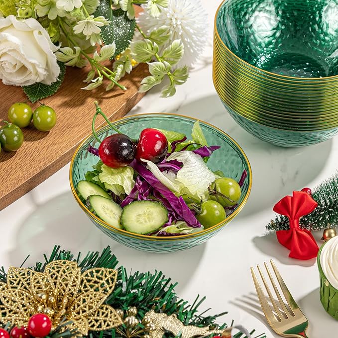 I00000 50 Pack 12 Ounce Clear Green Plastic Bowls Serving Bowls Hammered with Gold Rimmed, Heavy Duty Disposable Bowl Set,Small Bowls for St. Patrick's Day