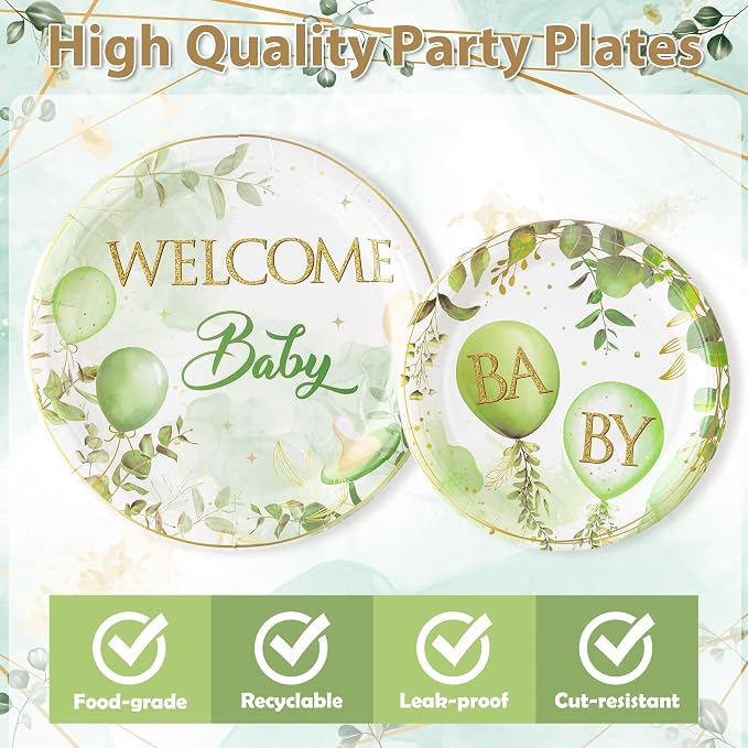 96Pcs Welcome Baby Greenery Baby Shower Sage Green Balloon Party Plates - Image 3