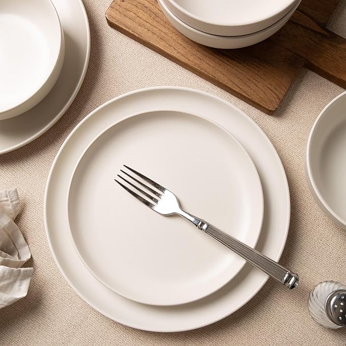 12-Piece Stoneware Dinnerware Set with Mugs | Microwave and Dishwasher Friendly | Stackable Matte Glaze Plates & Bowls | Service for 3 (White for 4)