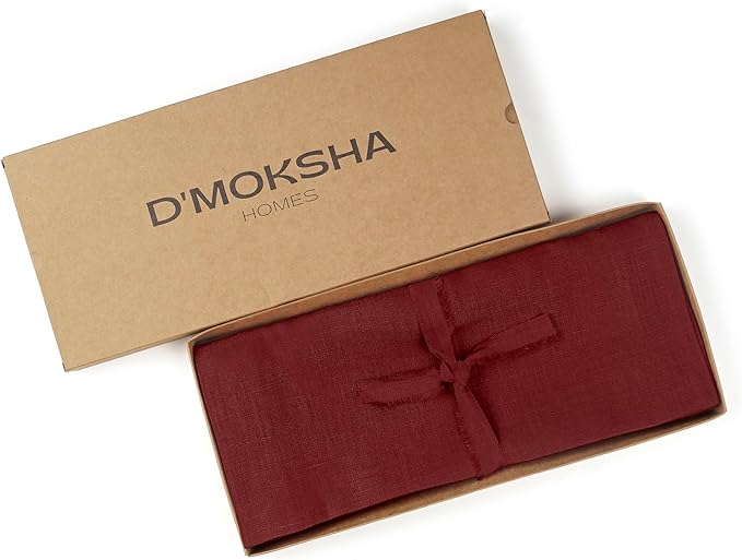 D'Moksha Homes Linen Dark Red Table Runner 132 Inches Long - 100% Pure Linen Extra Long Table Runner 14 x 132 Inch for Valentines, Spring - Machine Washable
