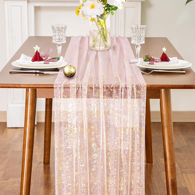 SiinvdaBZX Light Pink Sheer Tulle Table Runner 120 Inch/10 Ft Long | Gauze - Image 3