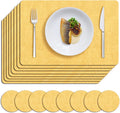 MOSAYT Placemats Set of 8, Heat Resistant Vinyl Place Mats with Coasters, Wipeable Washable 100% Waterproof Oil Proof Faux Leather Table Mats for Kitchen Dining Party Outdoor, 12" x 17", Yellow