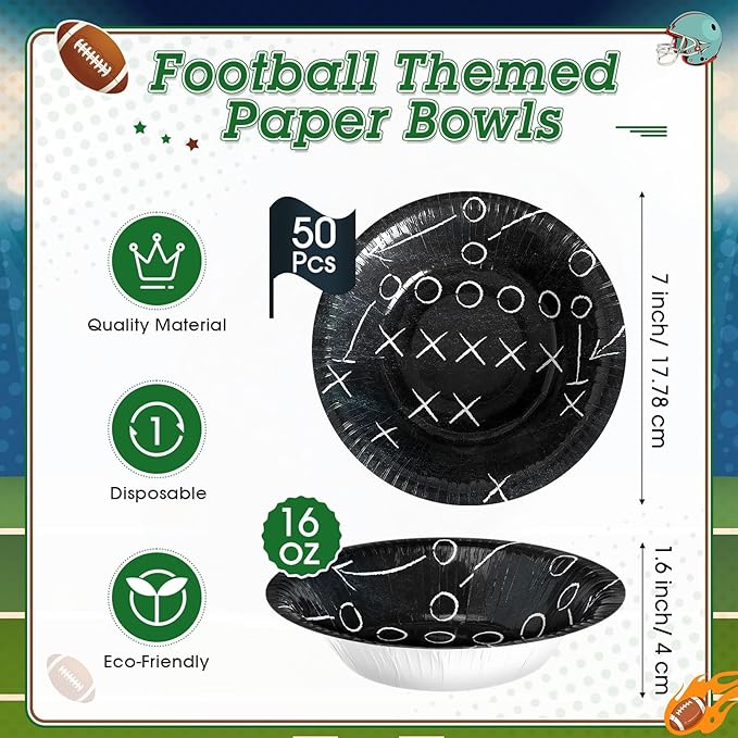 50 Pcs 16oz Football Paper Bowls - Football Party Snack Bowls Supplies for Game Day Hot Cold Soup Salad Dessert Home Cereal Holiday Decoration