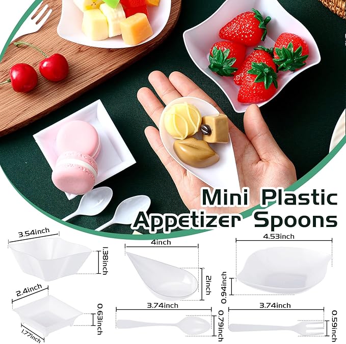 Tessco 800 Pcs Mini Appetizer Plates Set Including 400 Disposable Dessert Plates Assorted Shape 200 Mini Plastic Forks 200 Plastic Spoons for Party(White,Classic)