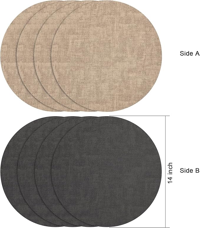 Myir JUN Round Placemats Dual Sided, Faux Leather Place Mats Set of 4 Indoor Placemat for Dining Table Outdoor Place Mat Non-Slip Washable Table Mats (Gray Beige, Set of 4)