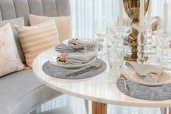 homing Round Faux Leather Placemat and Coaster 8 Packs, Washable Heat Resistant Dining Place Mats, Wipeable Double-Sided Table Mats for Indoor and Outdoor, Diameter 13 and 3.93 inch, Light Grey