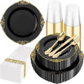 175 Pcs Black Gold Plates for Graduation | Black Party Plates Set for 25 Guests by Hioasis