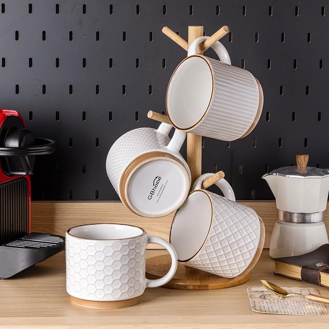 GBhome 12 OZ Stackable Coffee Mugs Set of 4, Ceramic Coffee Cups Set | 4 - Image 8