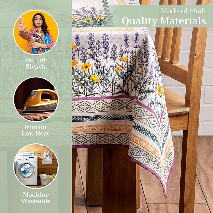 Maison d' Hermine Table Cloth Rectangle Table 100% Cotton 60 x 90 Inches Tablecloth Reusable Decorative for Dining Room Farmhouse Home Valentines Day Decorations Spring Summer - Fanny Lavender