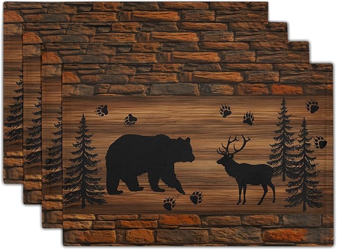 Rustic Placemats - Brown Cabin Bear Place Mats Set of 4 Country Moose Wooden Tablemats 12x18 for Dining Kitchen Farmhouse
