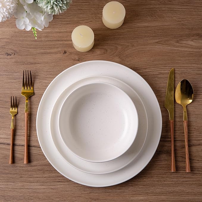 AmorArc Ceramic Dinnerware Sets, Wavy Rim Stoneware Plates and Bowls Sets,Dishwasher & Microwave & Oven Safe Dishes set, Service for 6 (18pc)-Matte Speckled White