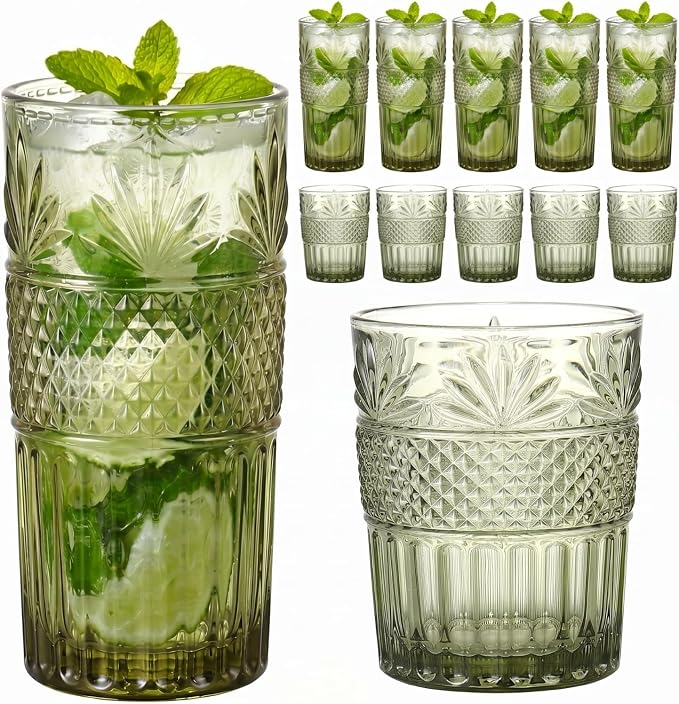 Green Drinking Glasses Set of 12, 12 Oz Highball & 10 Oz Cocktail Glasses by FERAHI
