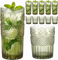 Green Drinking Glasses Set of 12, 12 Oz Highball & 10 Oz Cocktail Glasses by FERAHI